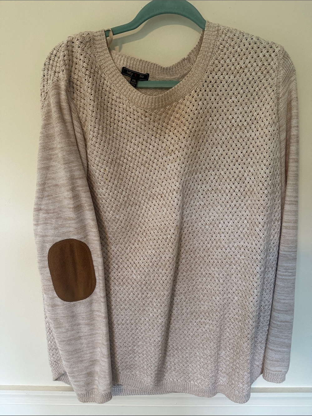 Beige Crewneck Sweater with Brown Elbow Patches